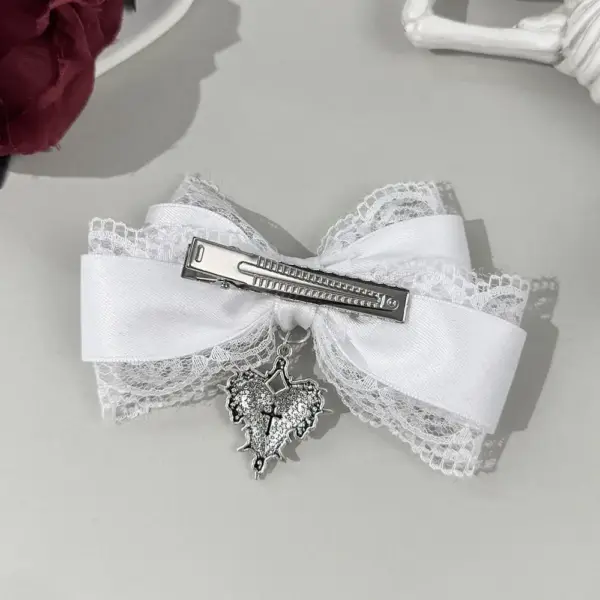 Weiße Haarspangen Damen mit Schleife, Spitze und Herz – Bild 5
