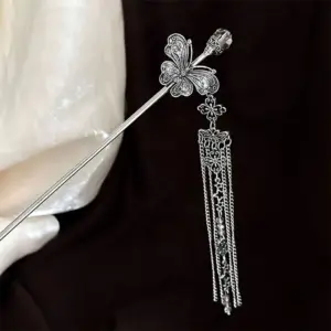 Haarspangen Damen: Haarnadel mit Blüte und Quaste – Silber – Blüte